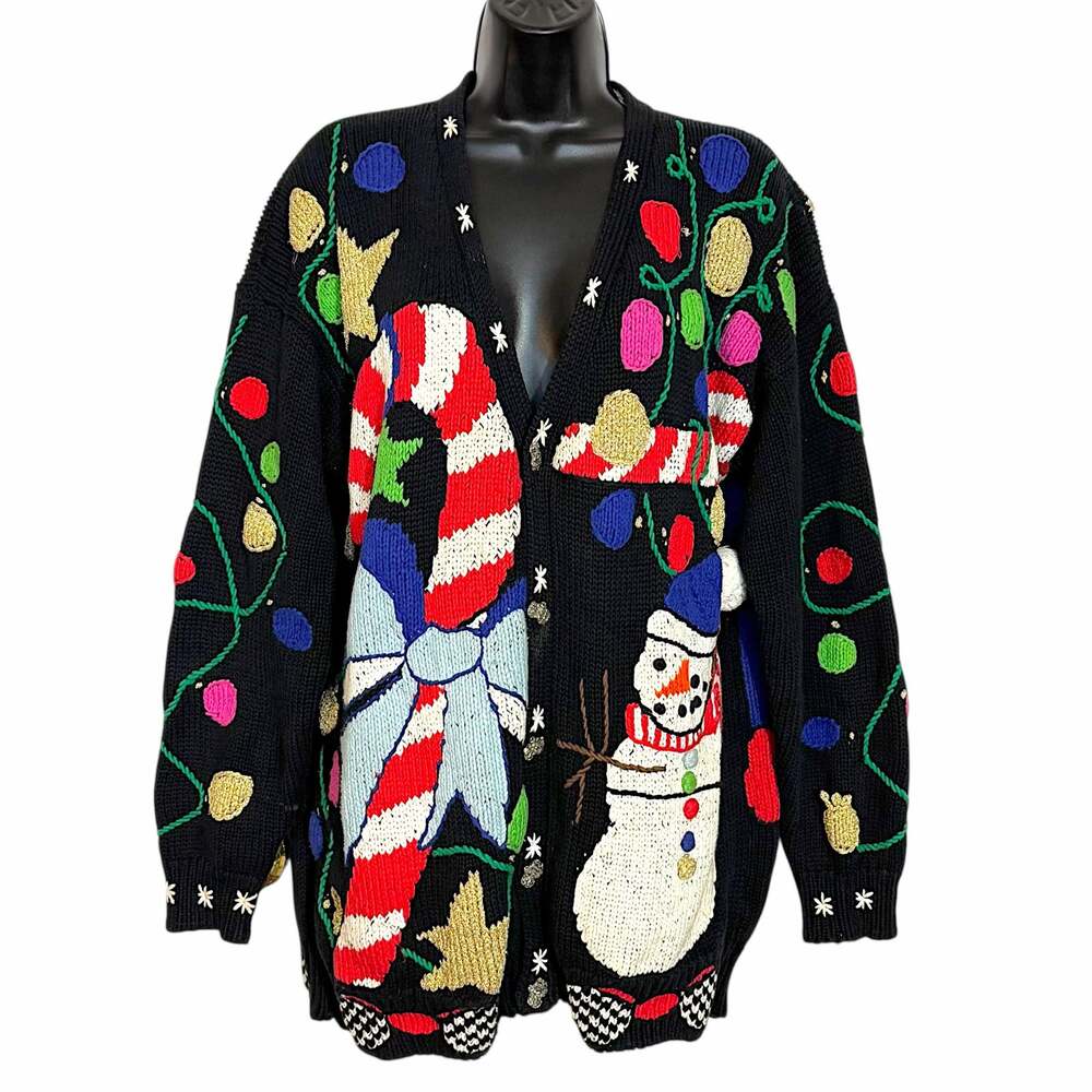 Vtg 90s Just Better Sweaters Lisa Coufal Hand Knit Christmas Cardigan Santa 2 XL